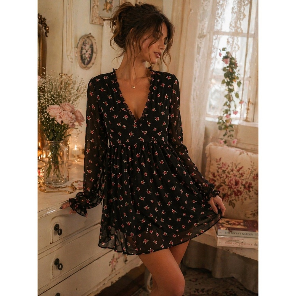 Black Floral Babydoll Mini Dress‎ M coquette cottagecore romantic Ruffle